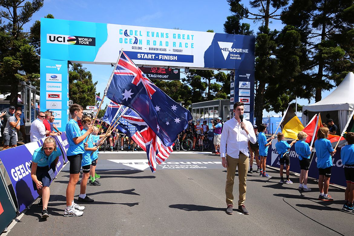 The national anthem is sung before the start of the race