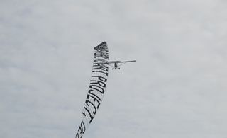 The 15 word banners were towed across the sky by planes organised by aerial advertising specialists Van Wagner.