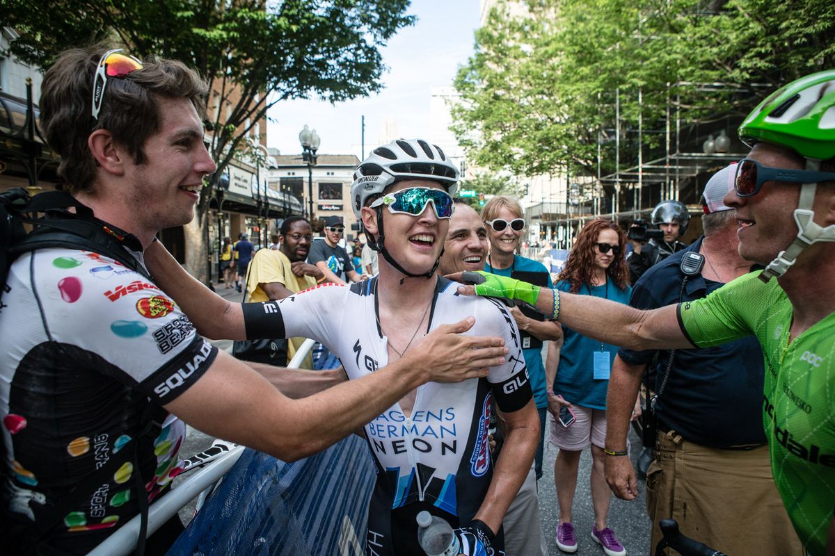 Greg Daniel (Axeon Hagens Berman) is congratulated after his victory