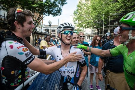 Greg Daniel (Axeon Hagens Berman) is congratulated after his victory