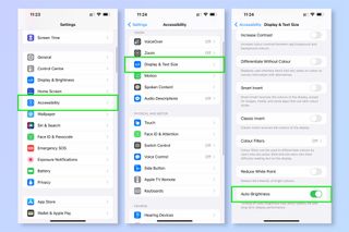 Screenshots showing the steps required to turn on Auto-Brightness on iPhone