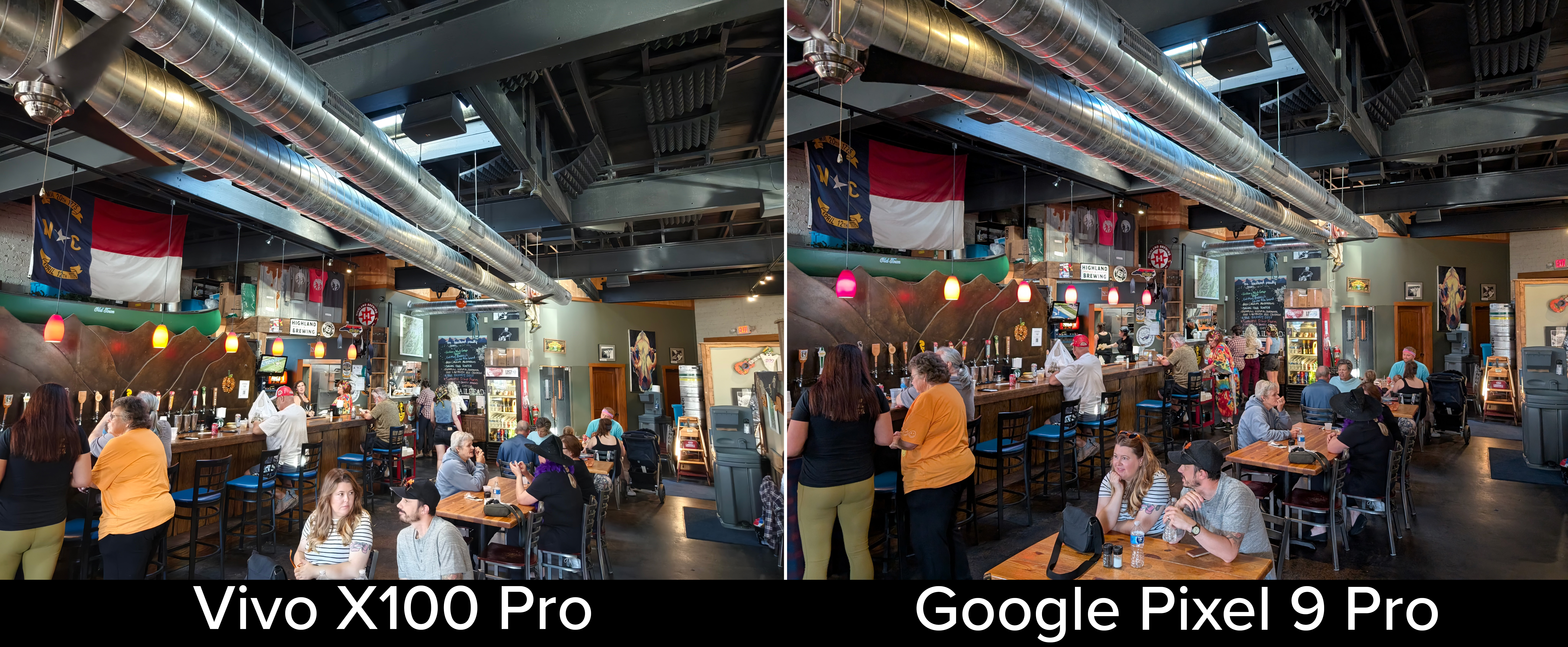 A photo comparison between the Google Pixel 9 Pro XL, and Vivo X100 Pro in a dimly lit restaurant