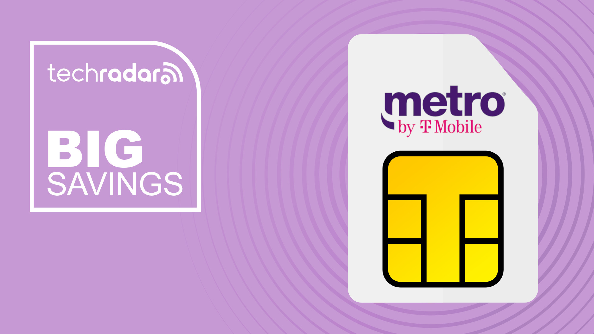 Metro By T-Mobile branded sim card on purple background with big savings text overlay