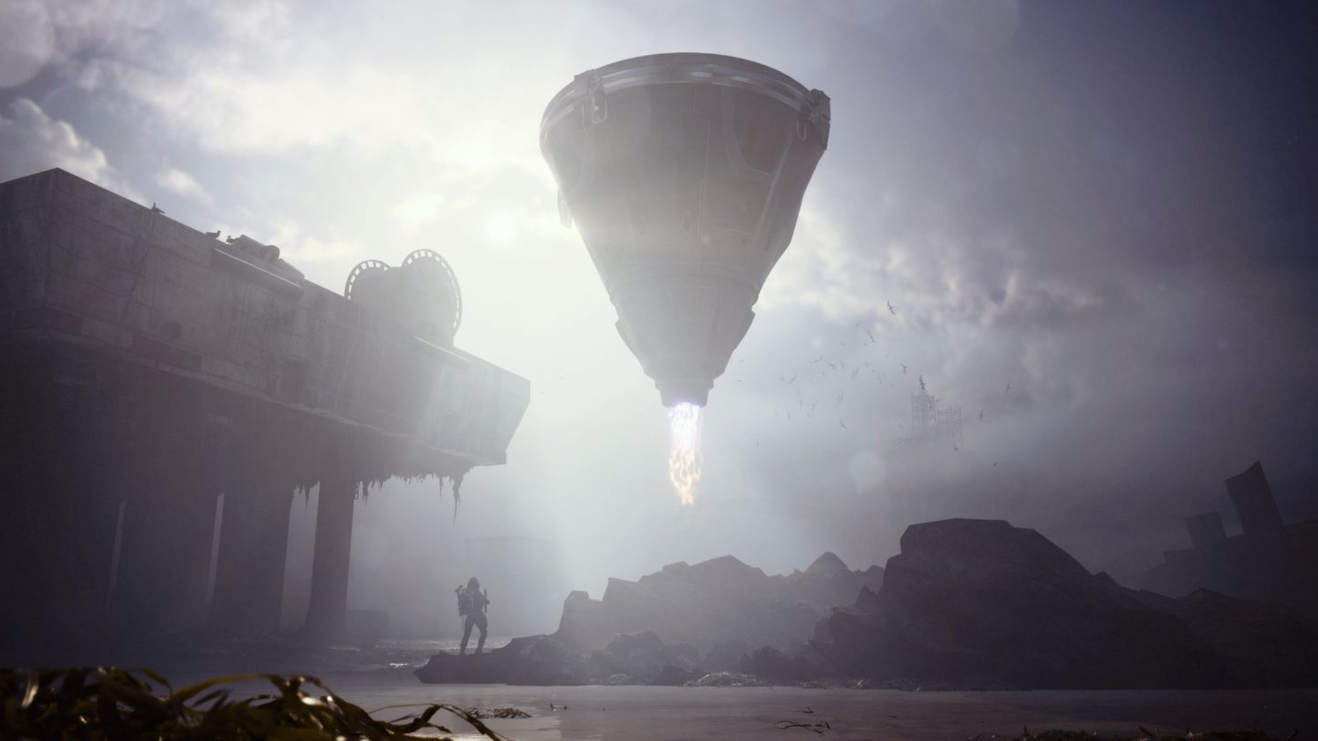 Arc Raiders Turbine: An Arc Turbine enemy landing on the rocky beach next to a player.