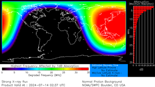 map showing large shortwave radio blackouts across southeast asia, australia and japan, this is highlighted by large red regions.