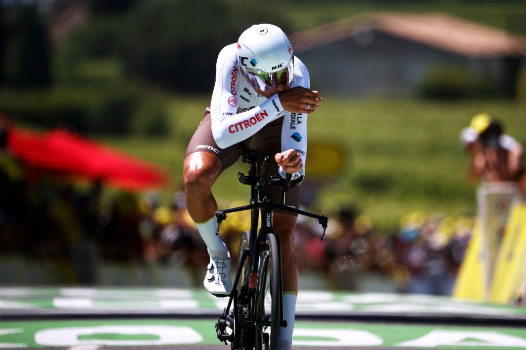 SAINTEMILION FRANCE JULY 17 Greg Van Avermaet of Belgium and AG2R Citron Team at arrival during the 108th Tour de France 2021 Stage 20 a 308km Individual Time Trial Stage from Libourne to SaintEmilion 75m ITT LeTour TDF2021 on July 17 2021 in SaintEmilion France Photo by Chris GraythenGetty Images