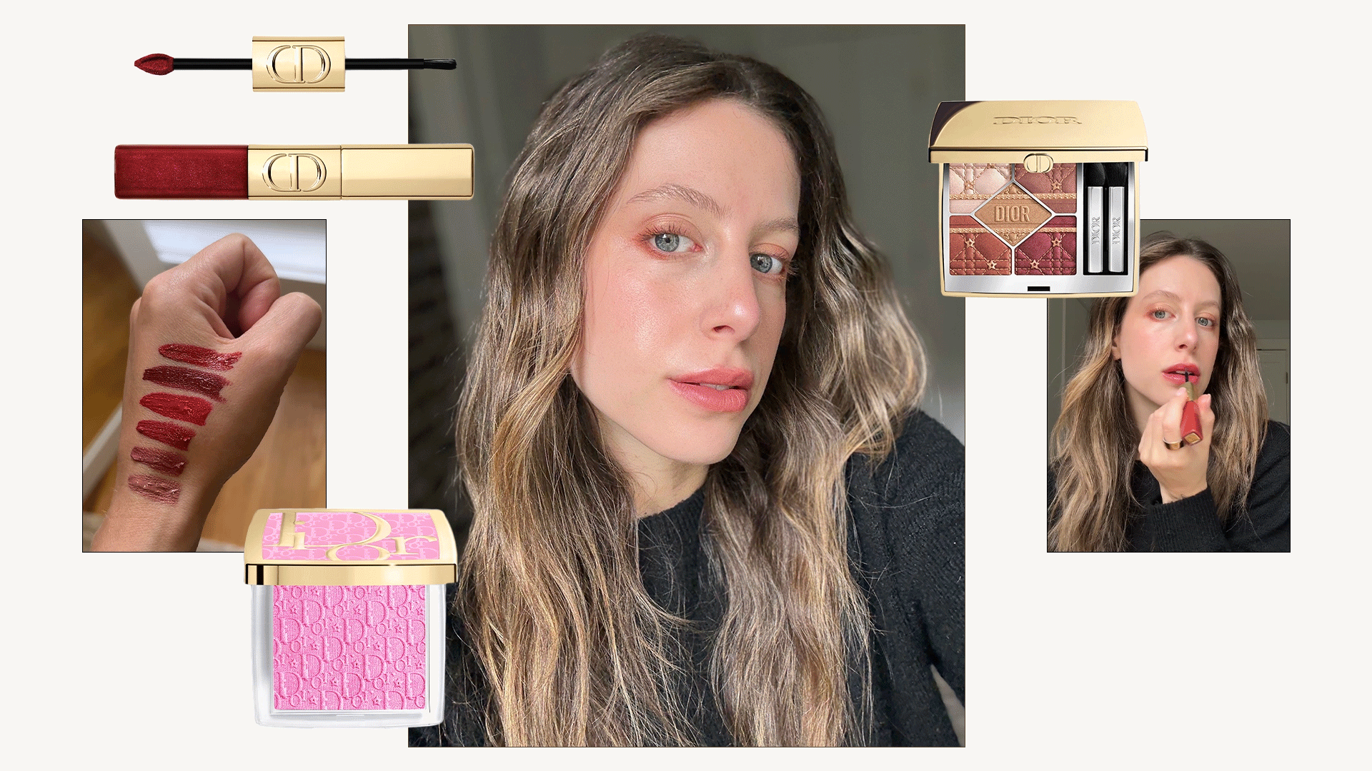 Collage of Jamie Schneider testing Dior&#039;s 2025 holiday makeup collection.