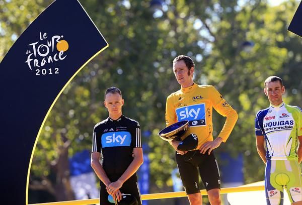The 2012 Tour de France final podium (l-r): Chris Froome, Bradley Wiggins and Vincenzo Nibali