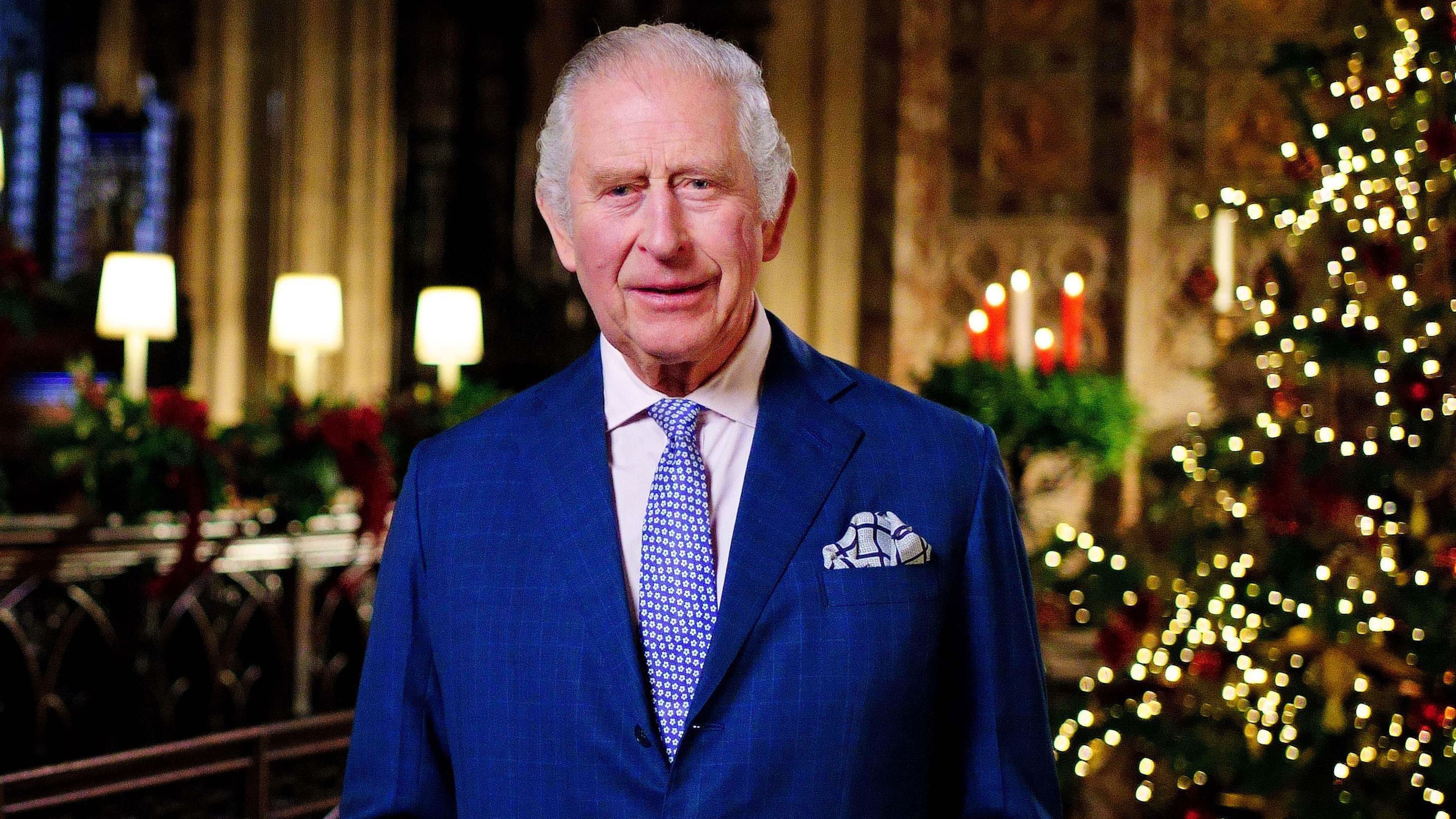 In this image released on December 23, King Charles III is seen during the recording of his first Christmas broadcast in the Quire of St George's Chapel at Windsor Castle, on December 13, 2022 