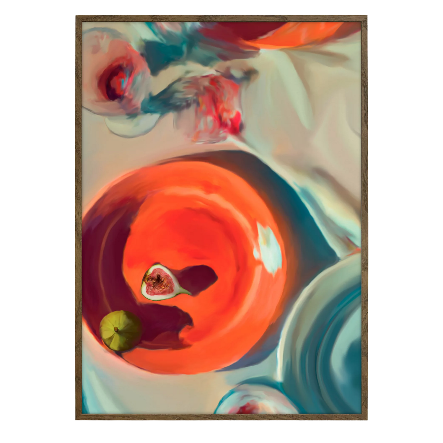 A print of a painting of a table with a fig on an orange plate near a glass of wine
