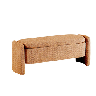 camel-colored upholstered storage bench