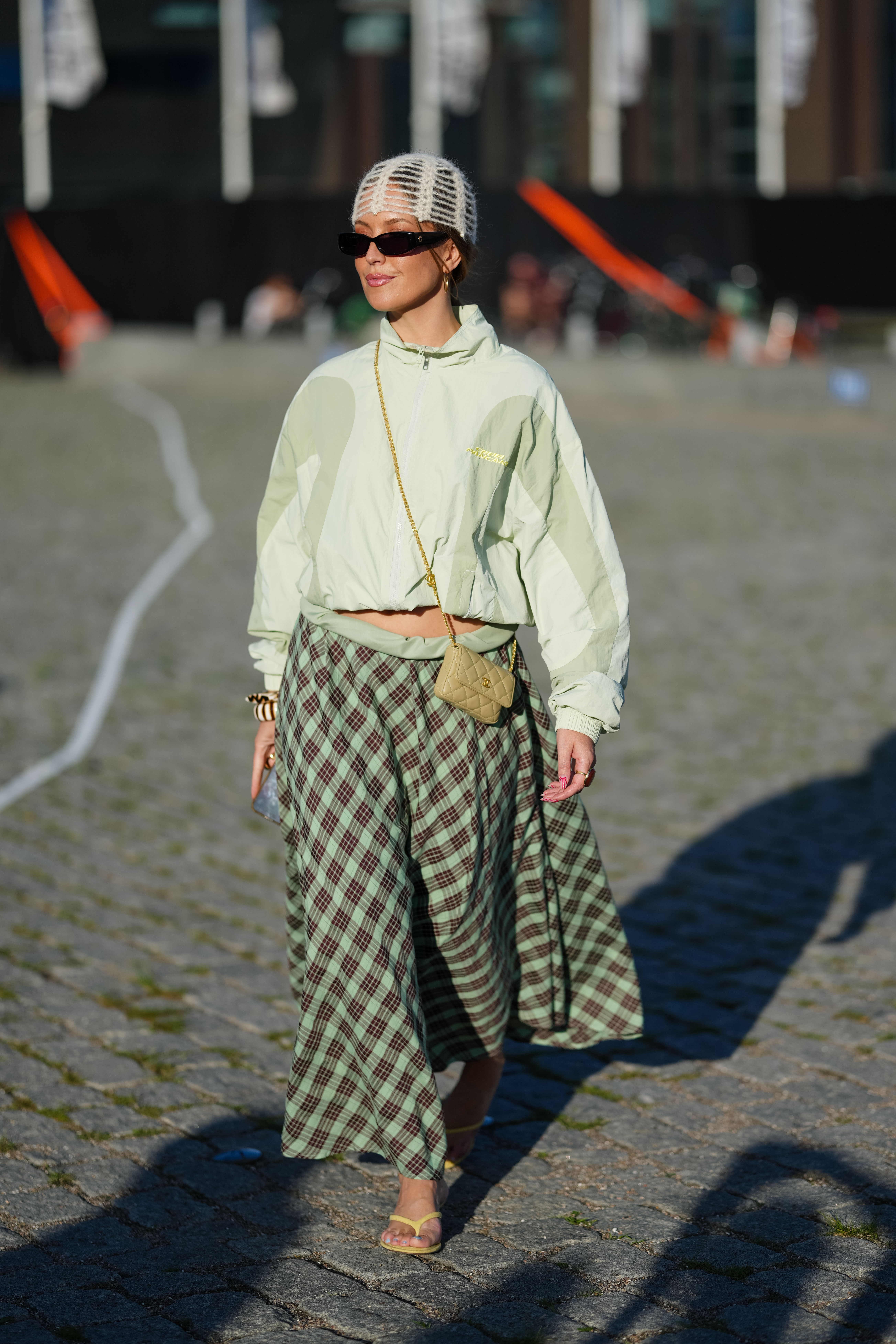 street style shell jacket and gingham skirt