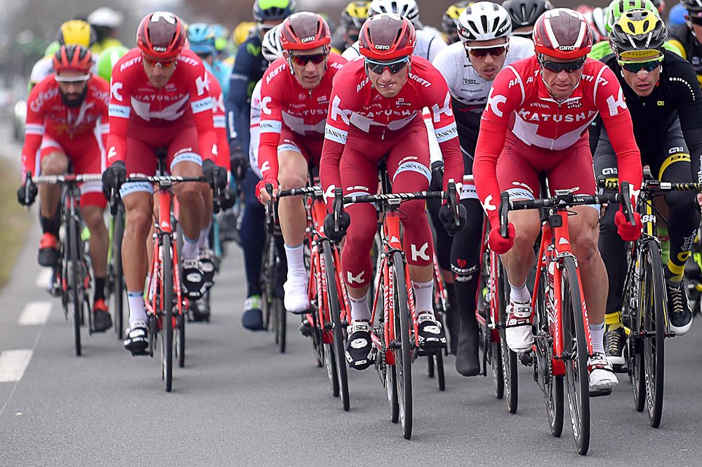 Katusha work to pull back the break during stage 2 at Paris-Nice.