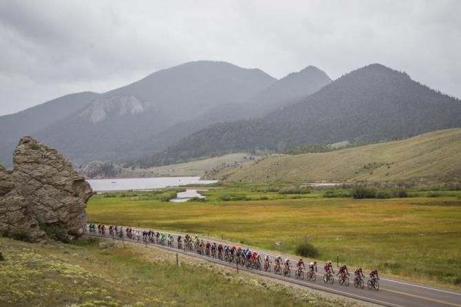 The 14,000-foot high mountains loom over the peloton on stage 5 of the USA Pro Challenge to Breckenridge