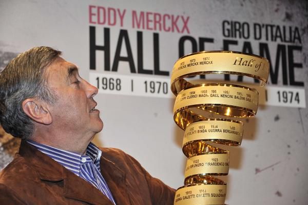 Eddy Merckx was presented with the Giro d'Italia trophy for his 1974 victory