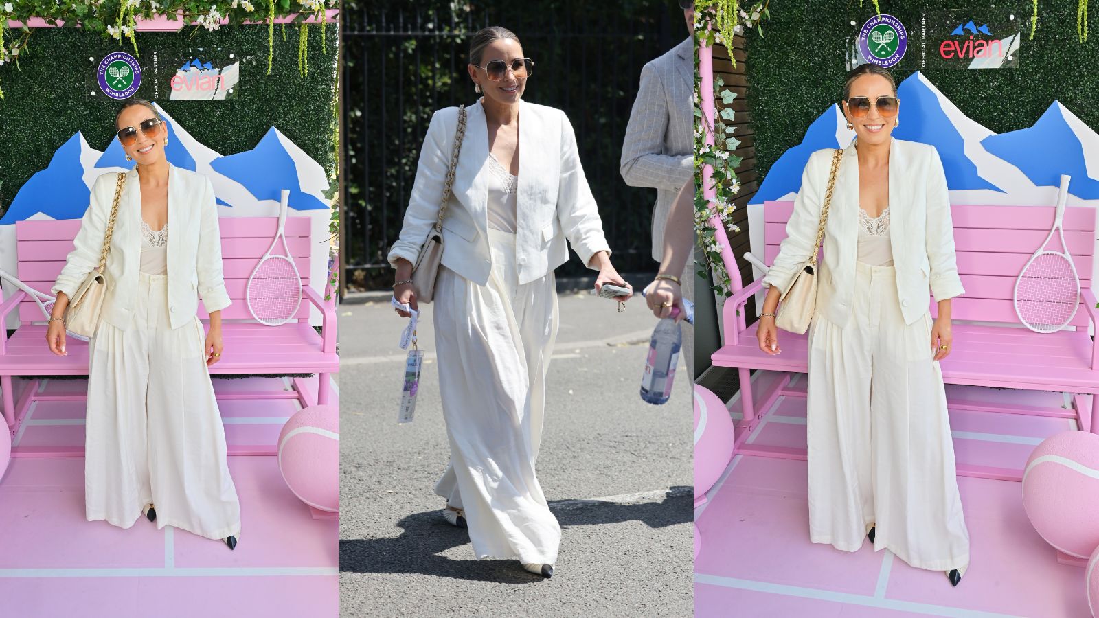 Rachel Stevens in white wide leg trousers, a white cami and a white blazer with big sunglasses at Wimbledon 2025