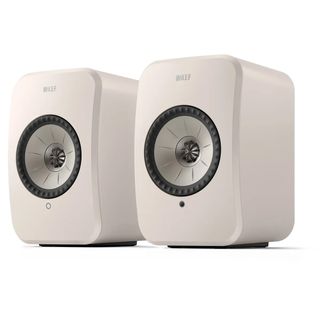 White KEF LSX II LT speakers on a white background