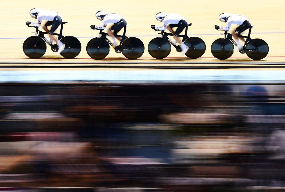 Germany compete in the Men's Team Pursuit Qualifying