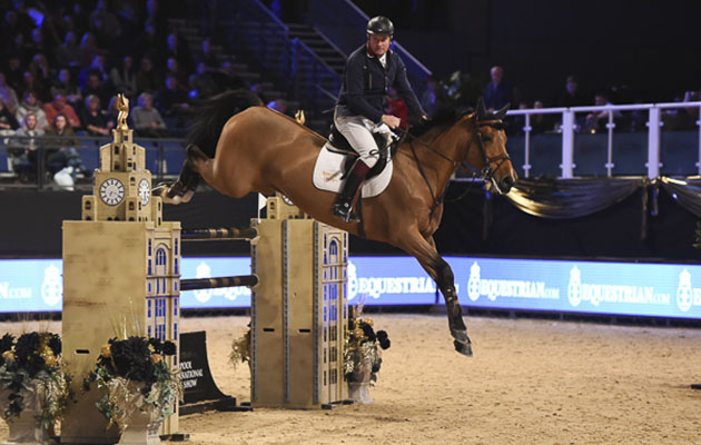 Robert Smith riding Bavi during Class 20 Equestrian.com Grand Prix at the Equestrian.com Liverpool International Horse Show at Echo Arena, Liverpool, UK; on 2nd January 2017