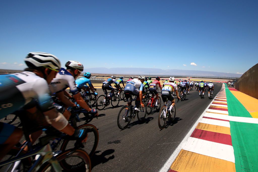 SAN JUAN ARGENTINA JANUARY 24 A general view of Remco Evenepoel of Belgium and Team Soudal QuickStep and the peloton passing through Circuito San Juan Villicum during the 39th Vuelta a San Juan International 2023 Stage 3 a 1709km stage from Circuito San Juan Villicum to Circuito San Juan Villicum VueltaSJ2023 on January 24 2023 in San Juan Argentina Photo by Maximiliano BlancoGetty Images
