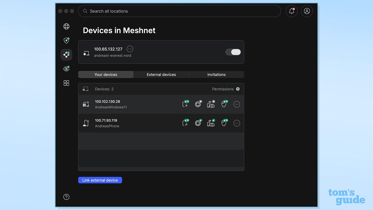 Screenshot of NordVPN's Meshnet devices on the Windows app.