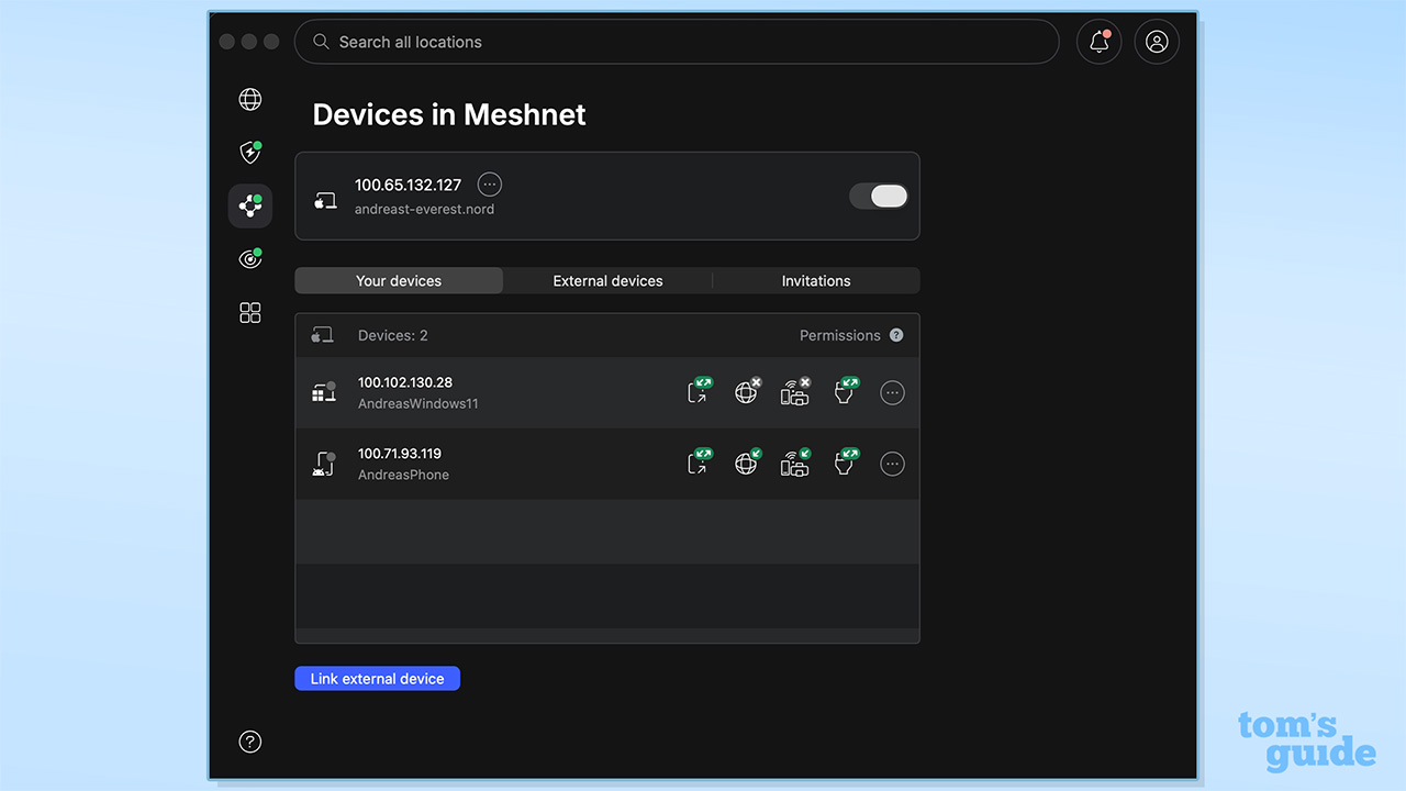 تصویری از دستگاه های Meshnet NordVPN در برنامه Windows.