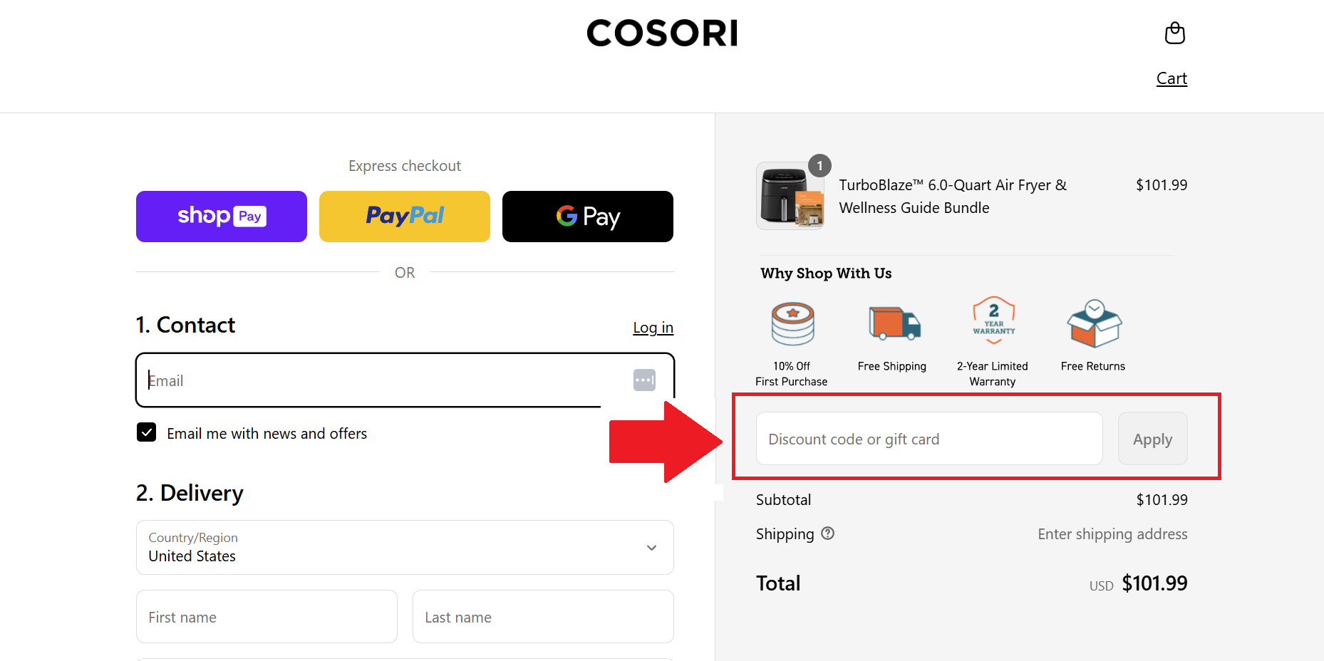 A screenshot of the cosori checkout page showing where to enter a cosori discount code