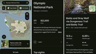 Screenshots showing AllTrails' updated National Park pages for Olympic National Park in Washington