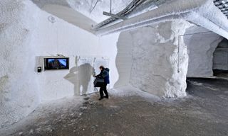 The Svalbard Global Seed Vault is carved into the Arctic permafrost. Here, a researcher is seen accessing the vault's entrance.