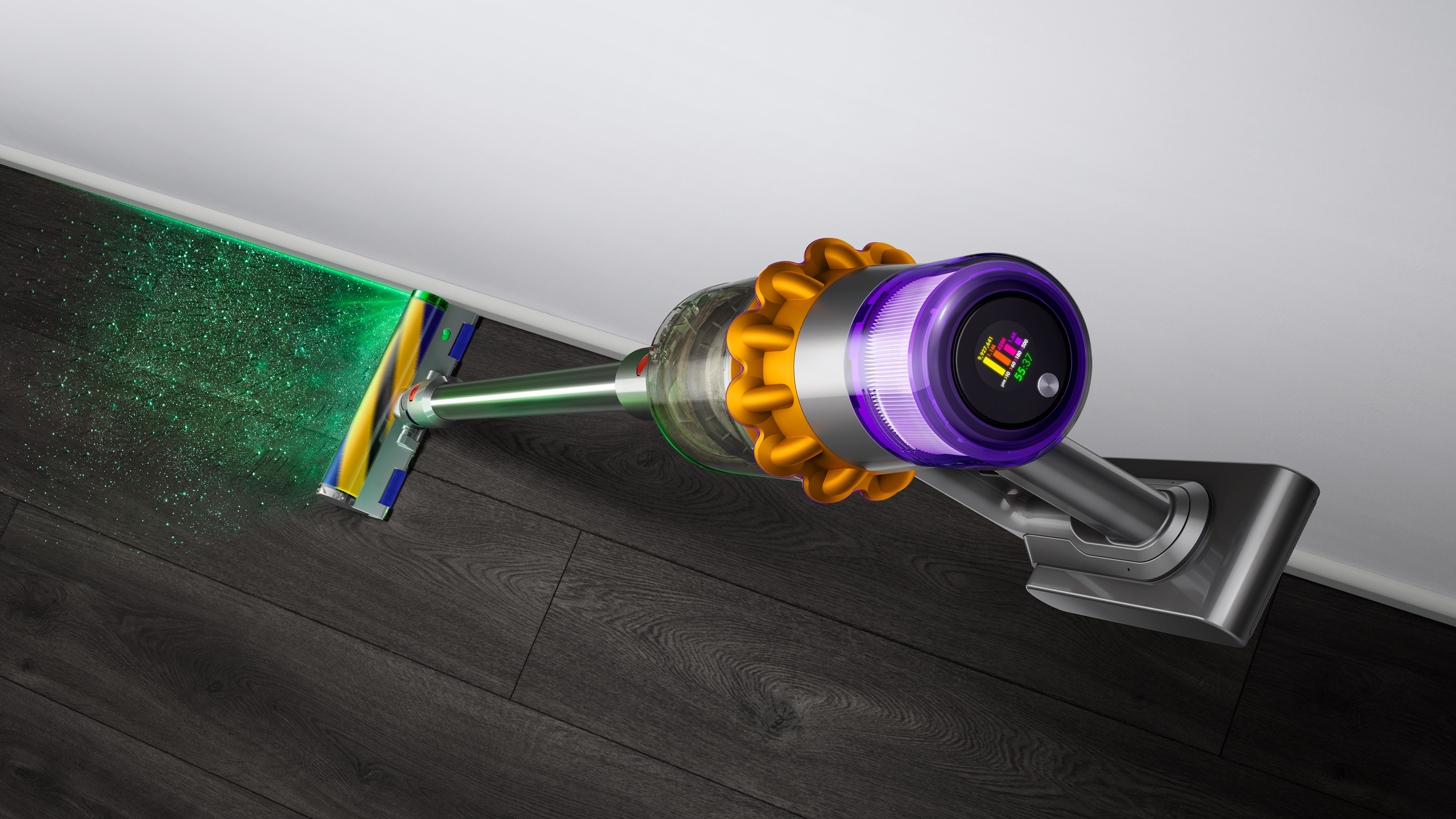 The Dyson V15 Detect being used to clean hard floors