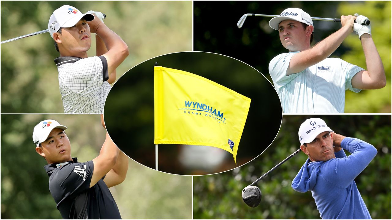 Four golfers pictured and the Wyndham Championship flag