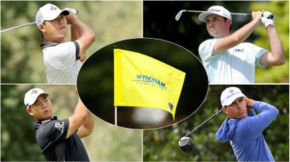 Four golfers pictured and the Wyndham Championship flag