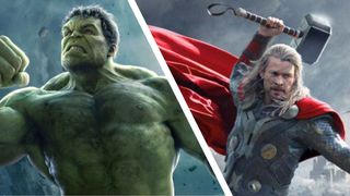 Hulk on the left and Thor wielding a hammer in the Avengers movies.