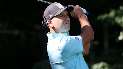 Sergio Garcia takes a shot during the pro-am before the LIV Golf Boston tournament in September 2022