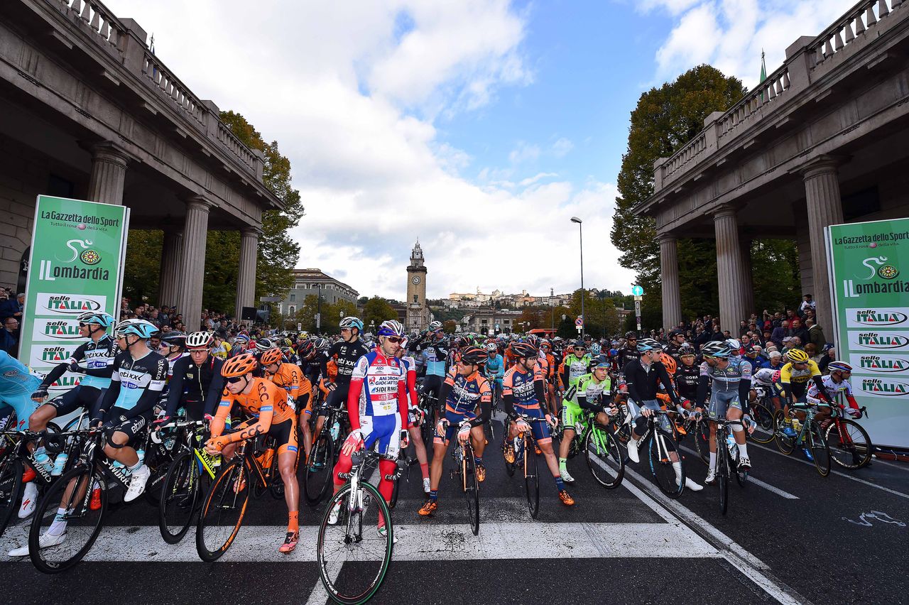 The riders line up for the start