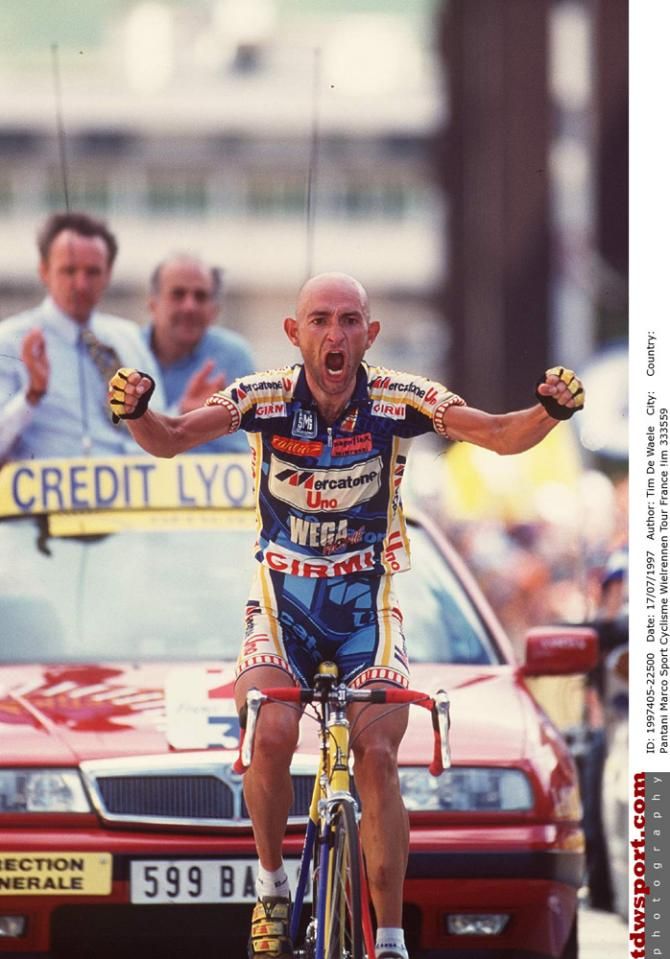 Marco Pantani celebrates his solo victory on Alpe d'Huez in stage 13 at the 1997 Tour de France