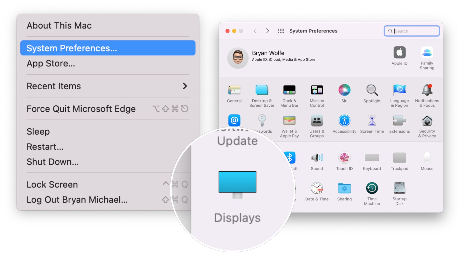 To change the resolution, click on the Apple icon at the top left of the display. Select System Preferences, then click Displays.