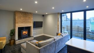 bath stone fireplace in living room