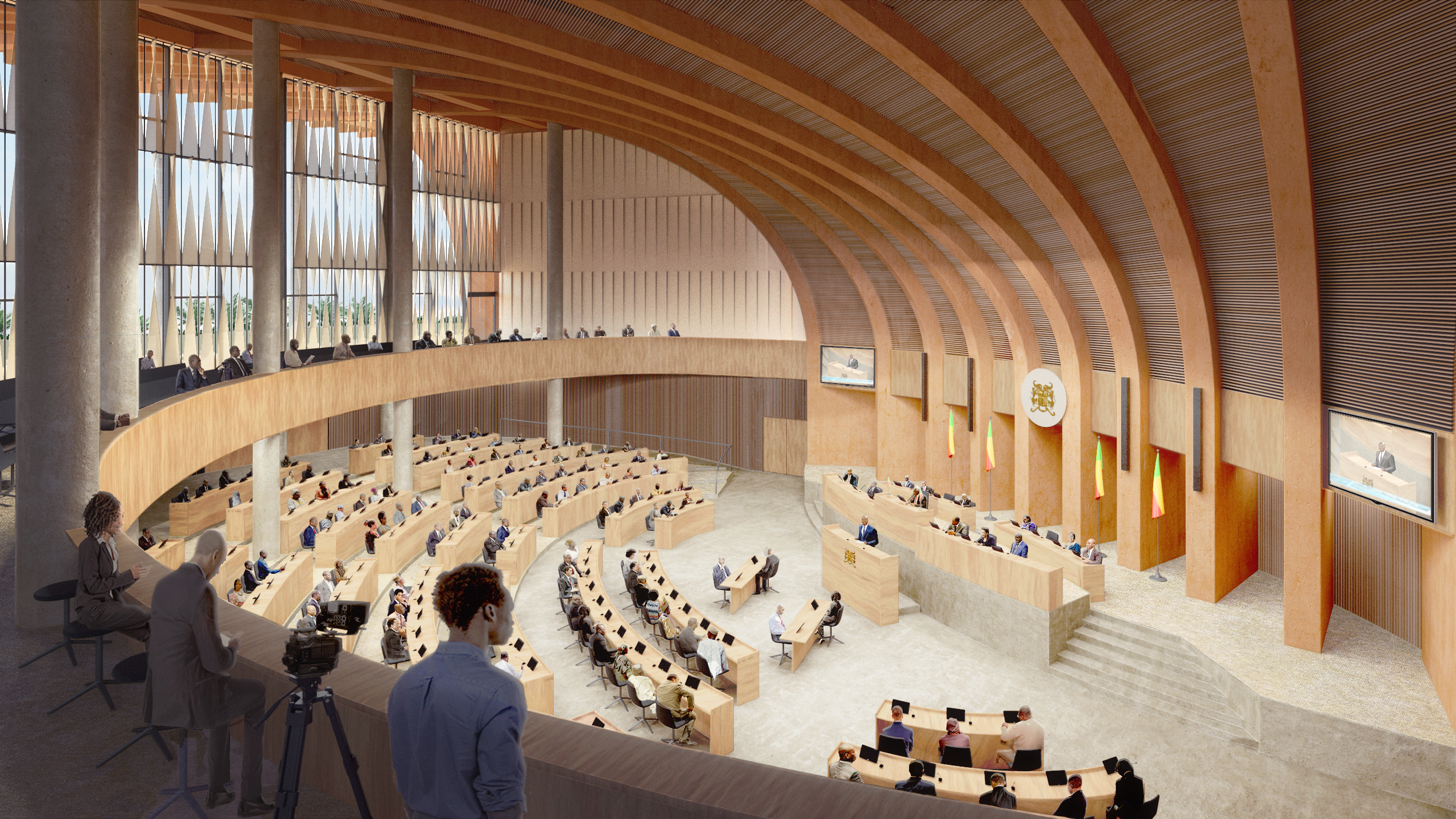 A digital design of an auditorium in the building with theatre seating arrangement and a balcony level filled with people seating