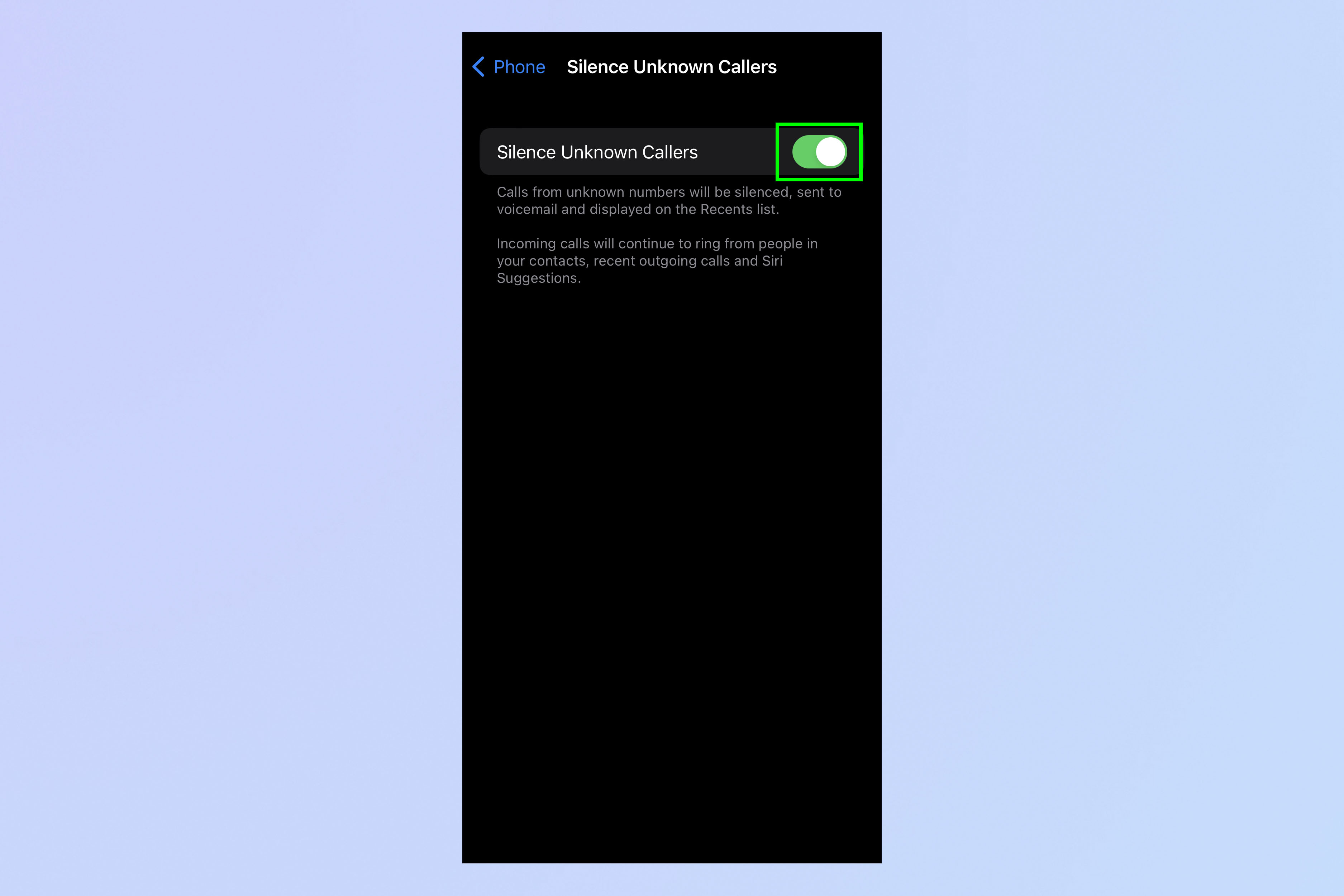 Captura de pantalla que muestra cómo bloquear llamadas desconocidas en iPhone
