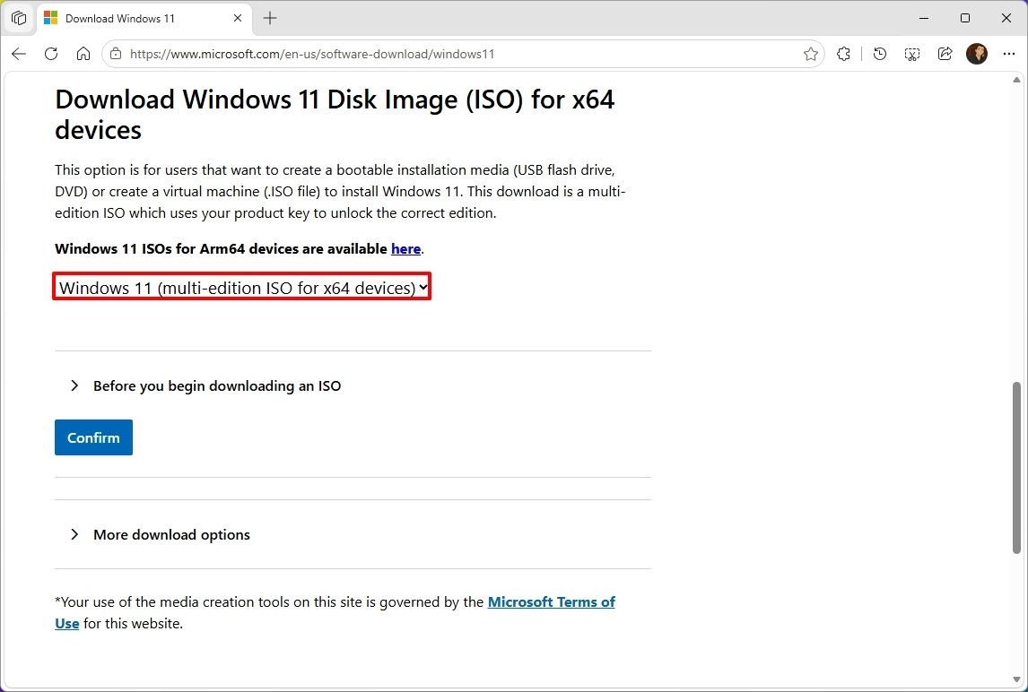 Microsoft download page highlighting the ISO file download.