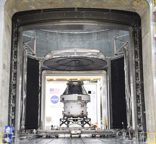 NASA's Orion spacecraft destined to fly the Artemis 1 mission around the moon on an uncrewed test flight is seen at the agency's Plum Brook Station in Cleveland, Ohio, where environmental testing on the capsule was performed.