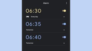 The Google Clock app for Android showing a series of alarms.