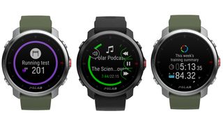 Three Polar Grit X watch renders showing new music and training features