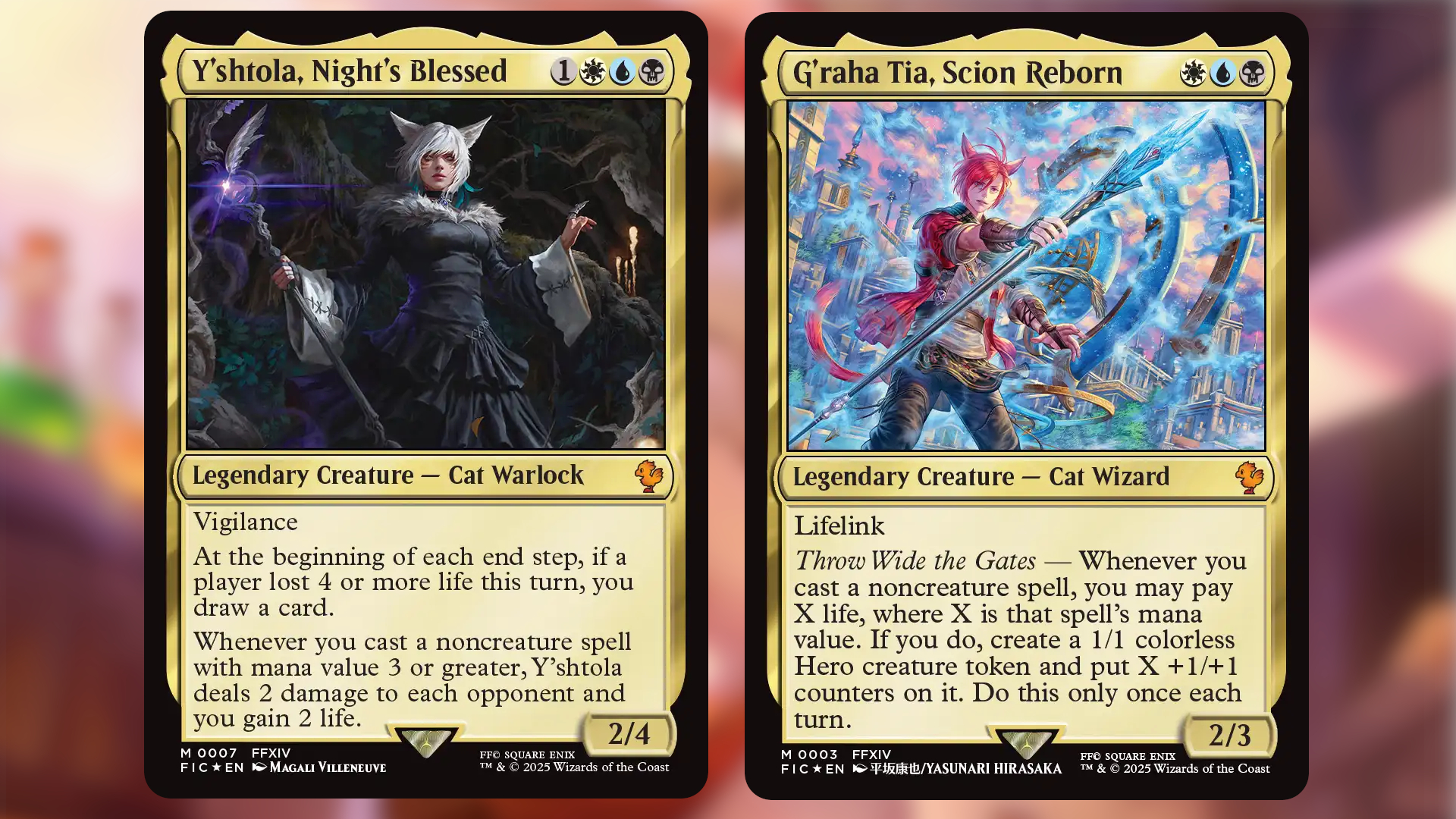 Y'shtola and G'raha MTG Commander cards side by side on a colorful background
