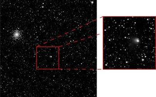 On April 30th, the comet’s coma extended over 1300 km from the nucleus. For the close up view on the right, a long sequence of images (each with a 10 minute exposure) was taken and stacked. The left panel shows the comet against the star field, covering the same area as figure 1.