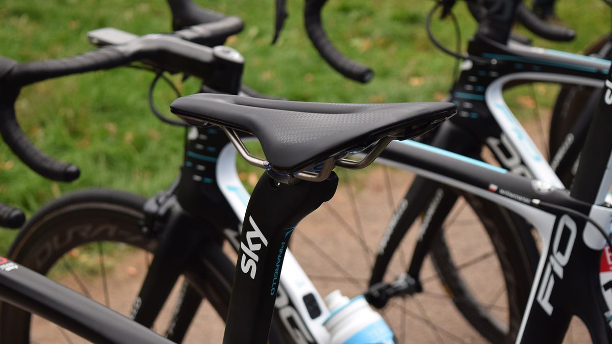 The titanium rails on Froome's saddle is marked with marker pen to ensure the setup is correct