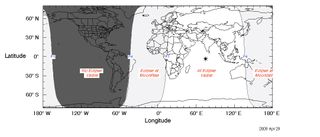 This NASA chart prepared by eclipse expert Fred Espenak shows the regions on Earth where the penumbral lunar eclipse of Sept. 16, 2016 will be visible. The primary visibility areas include Europe, Africa, Asia, Australia and the Western Pacific.