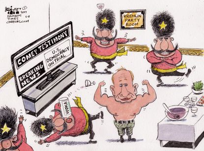 Political cartoon U.S. Comey testimony Russia Putin celebration