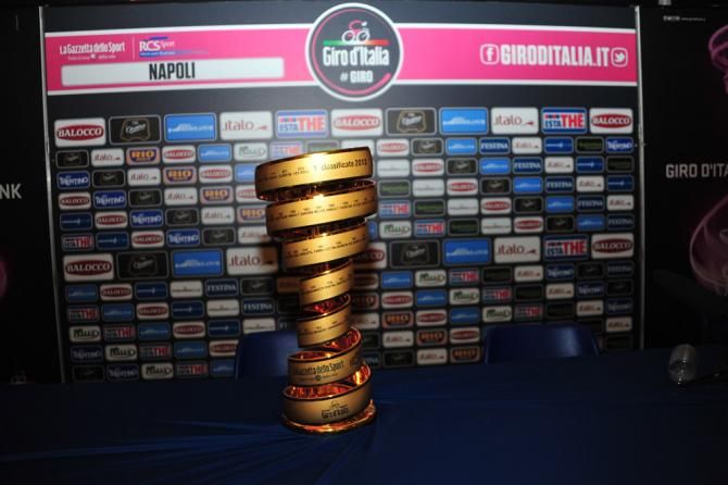 The Giro d'Italia trophy on display in Naples